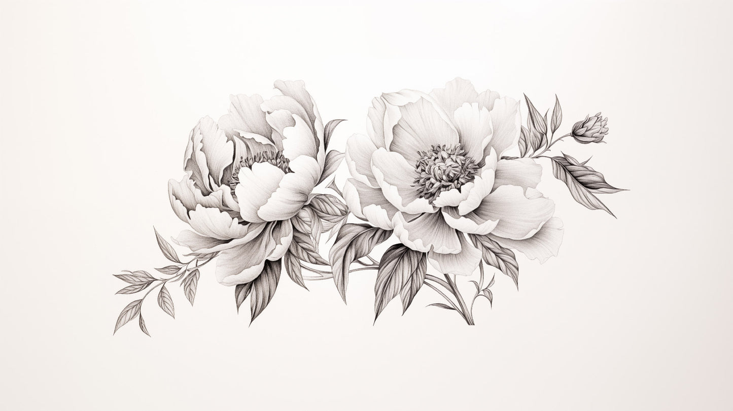 Peony Pair Pencil Sketch - Digital Artwork Loose Art Print