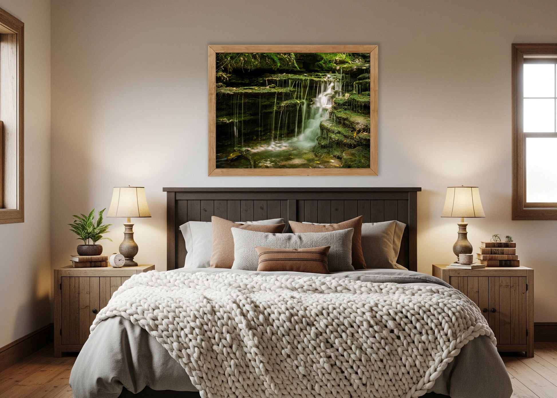 Pixley Falls Rustic Landscape Photograph Framed Wall Art Print in Modern Rustic Bedroom Setting