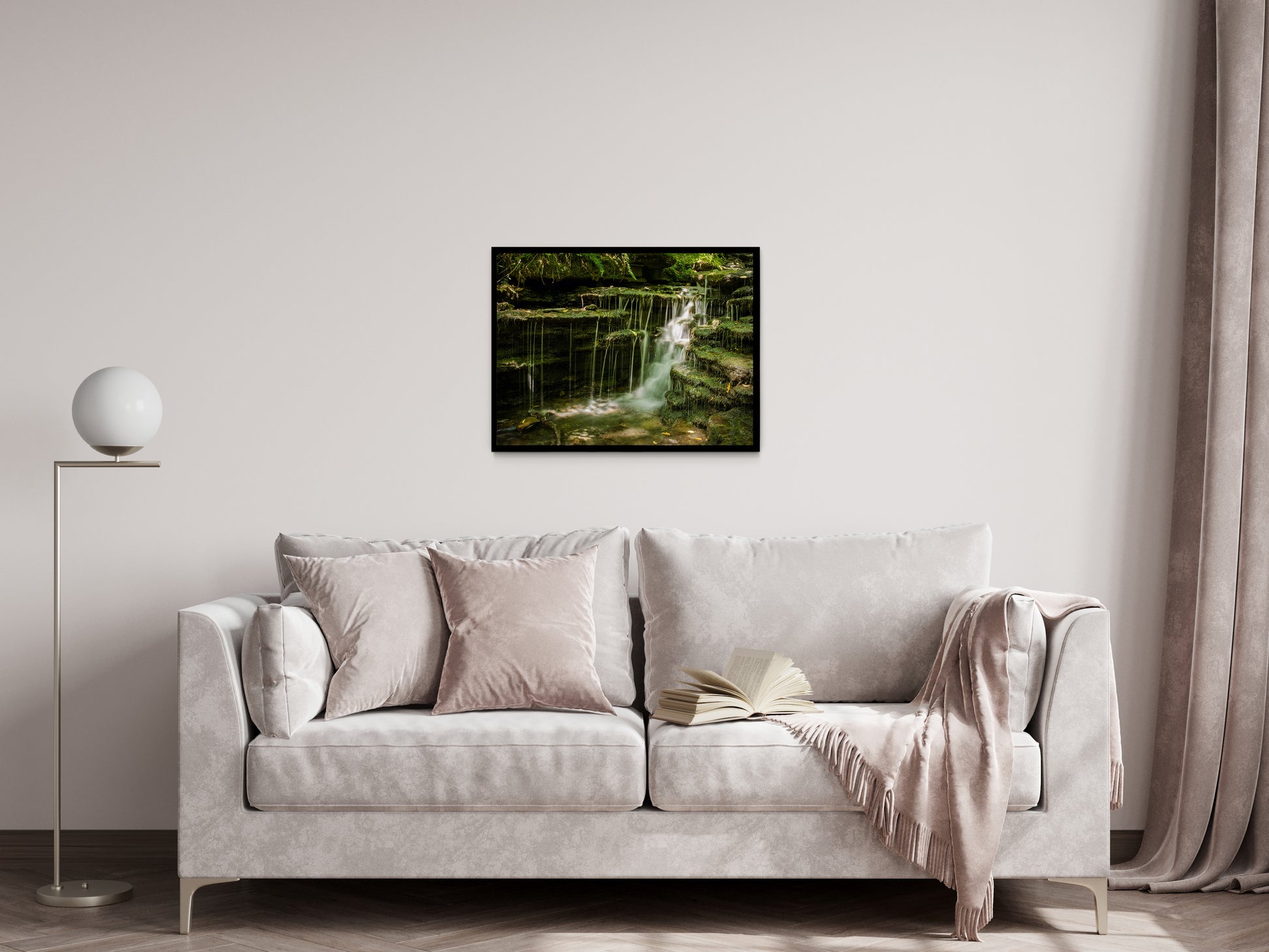 Pixley Falls Rustic Landscape Photograph Framed Wall Art Print in Traditional Living Room