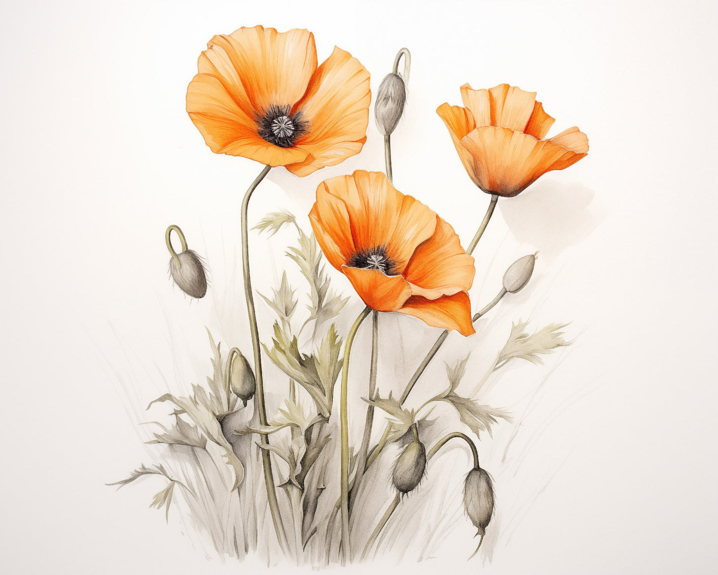 Poppy Trio Pencil Sketch and Charcoal Illustration - Digital Artwork Loose Art Print