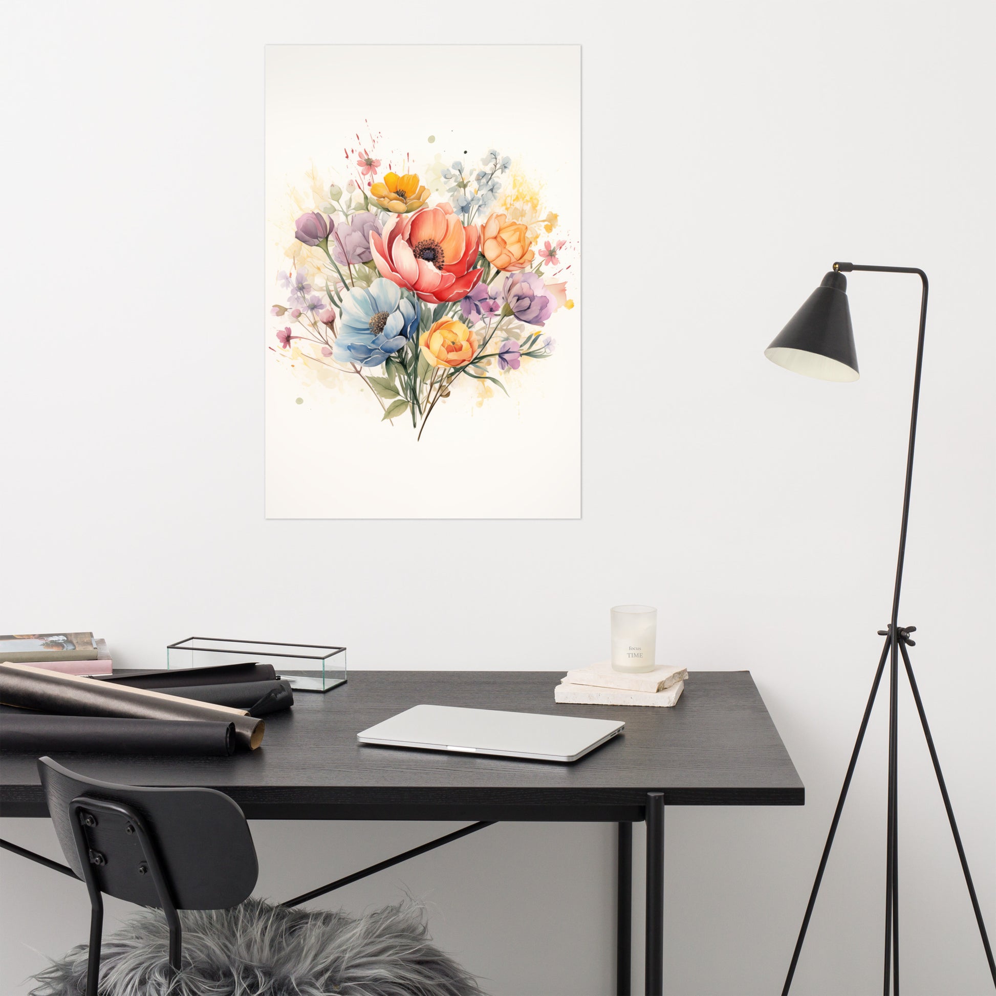 Posters For Bathroom Walls: Abstract Floral Watercolor Colorful Bouquet Painting - Digital Artwork Frameless Print