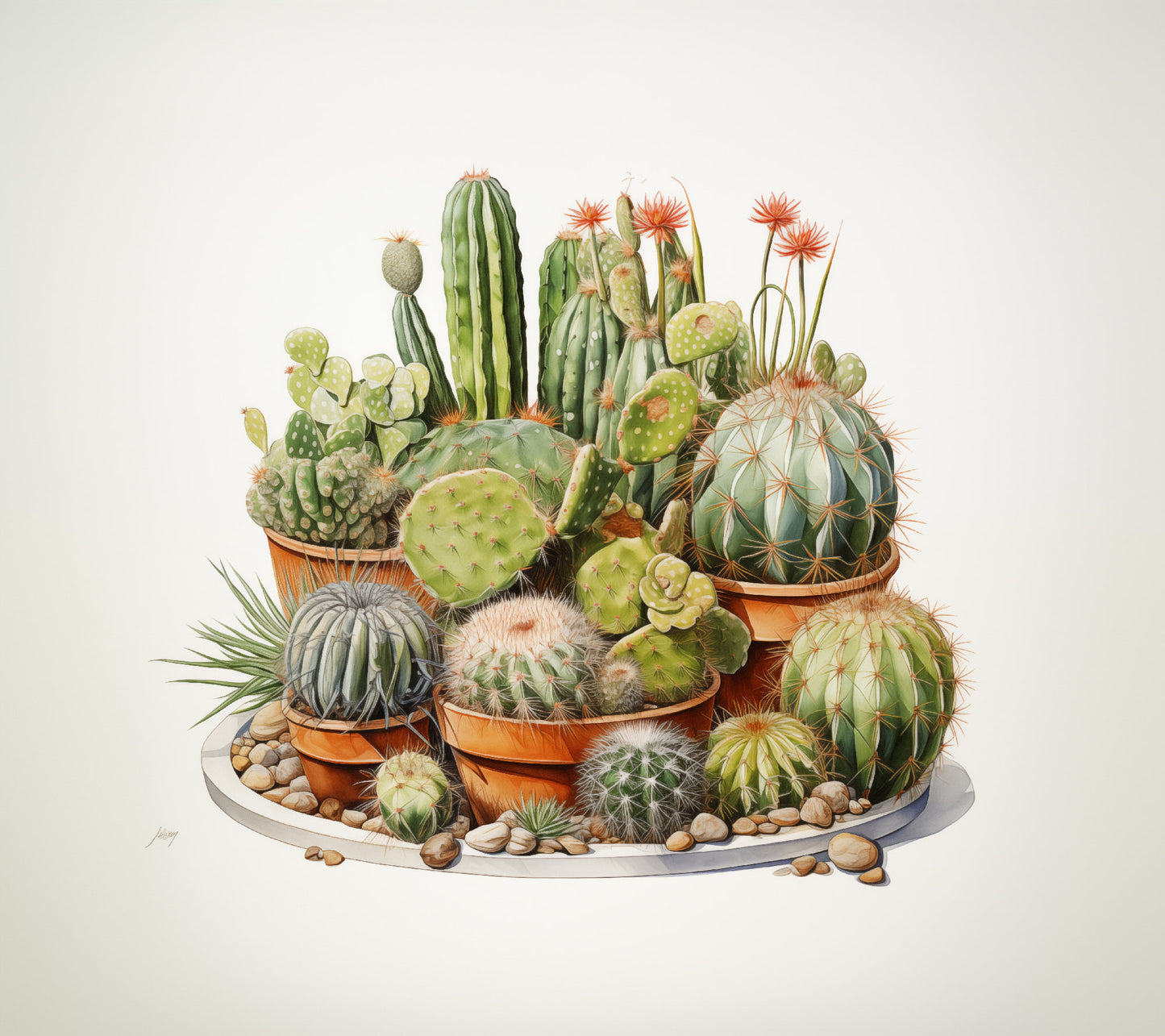 Potted Cacti Still Life Cactus Illustration Pencil Drawing - Digital Artwork Loose Art Print