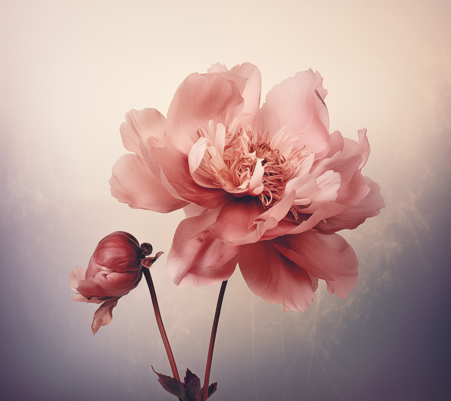 Quiet Blooms Peony Retro Subdued Photorealism - Digital Artwork Loose Art Print