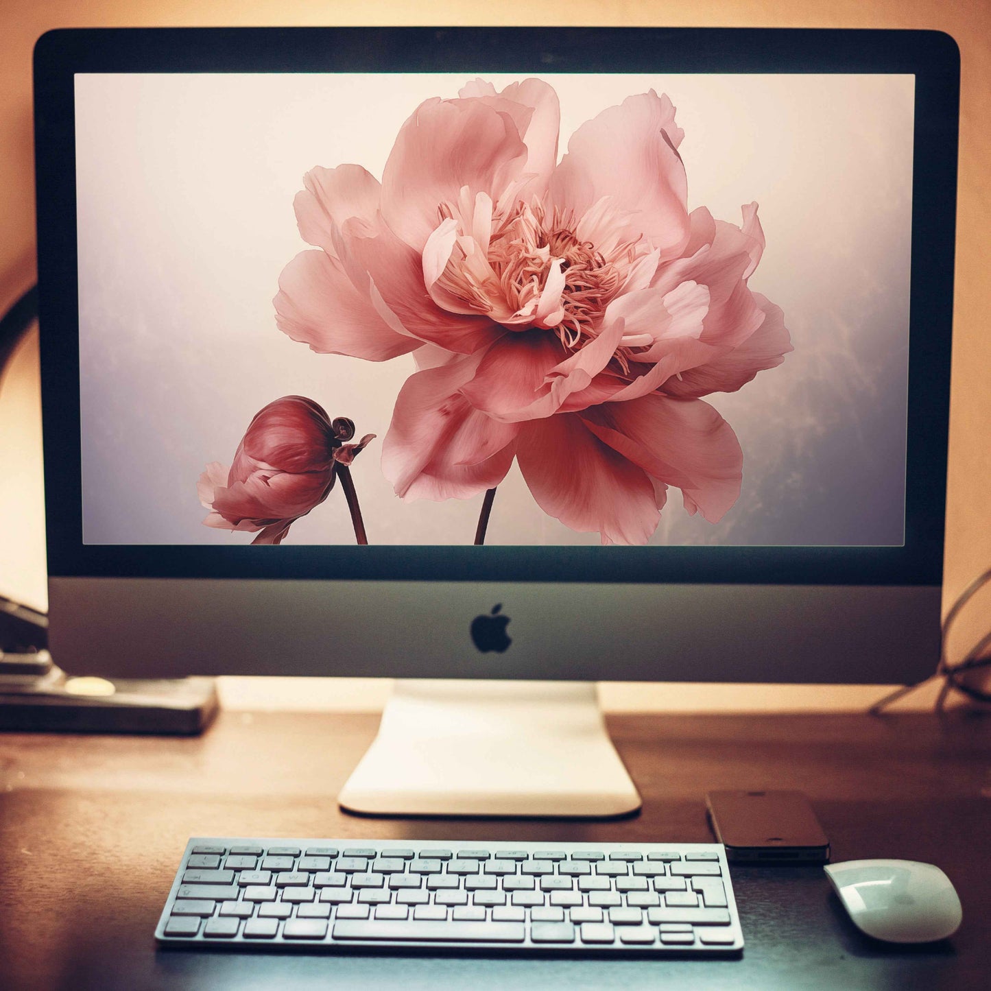 Quiet Blooms Peony Retro Subdued Photorealistic Digital Artwork Wallpaper for Computer Monitors Smart TVs and Laptop Screens