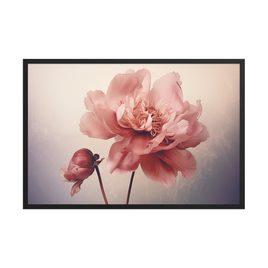 Quiet Blooms Peony Retro Subdued Photorealistic Floral Digital Artwork Framed Wall Art Print - Black Wood Frame