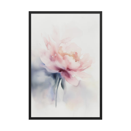 Quiet Grace Floral Digital Watercolor Painting Blush Peony Wall Art Framed Print - Black Frame