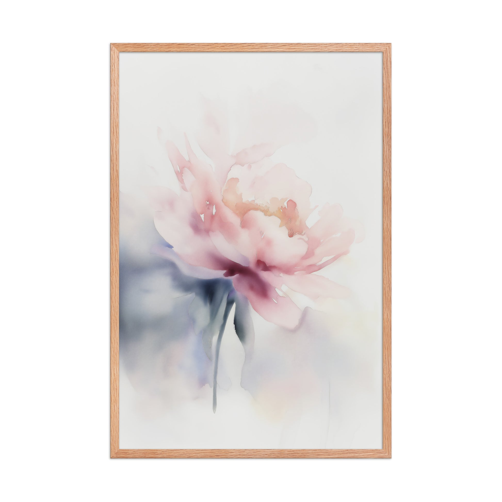 Quiet Grace Floral Digital Watercolor Painting Blush Peony Wall Art Framed Print - Natural Wood Frame