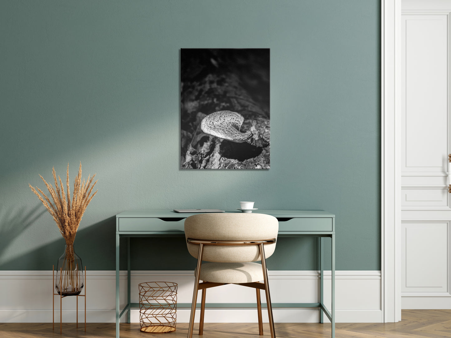Artwork For Home Office: Mushroom on Log Black and White Botanical Nature Canvas Wall Art Prints