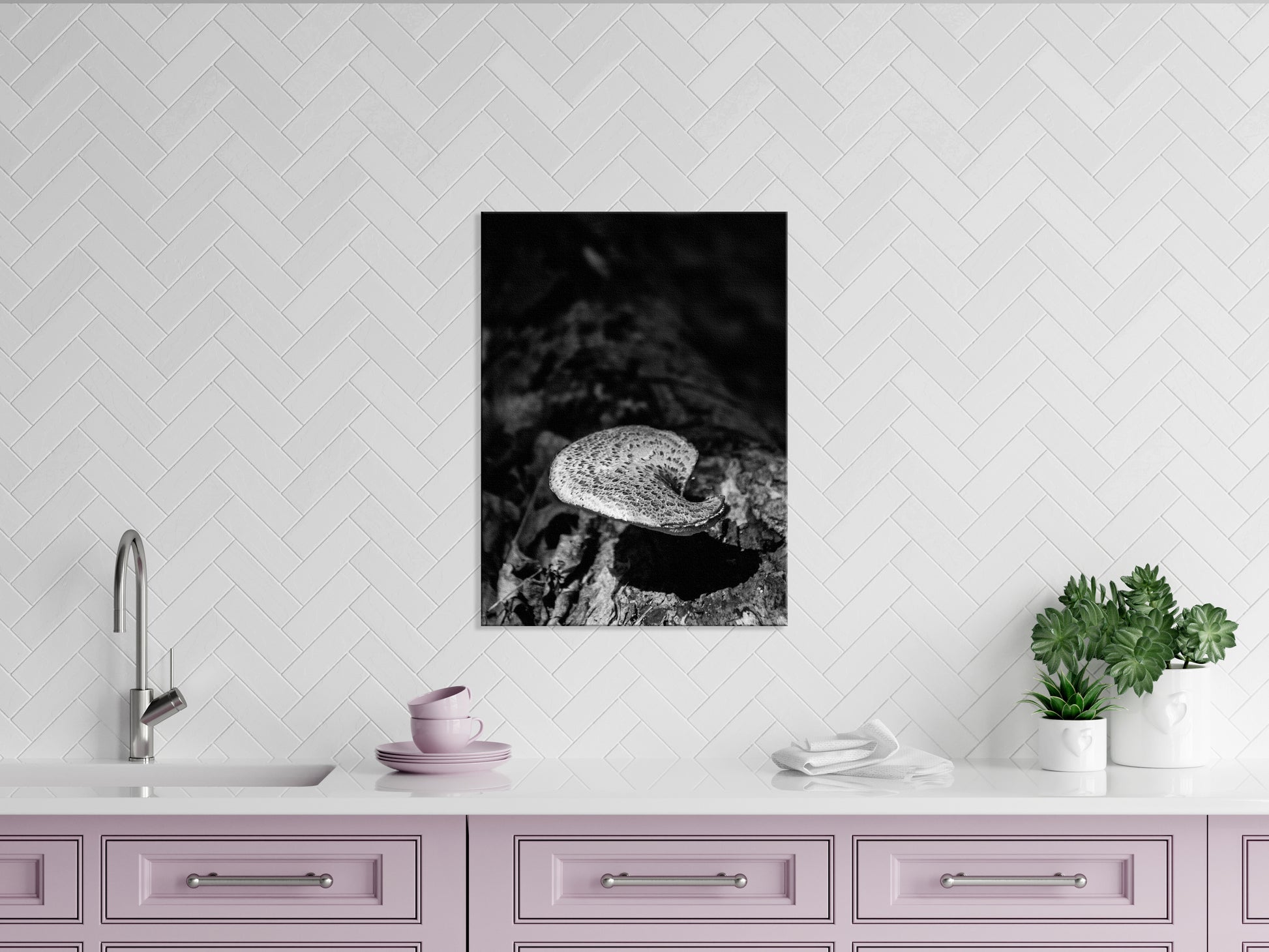 Art To Hang In Kitchen: Mushroom on Log Black and White Botanical Nature Canvas Wall Art Prints
