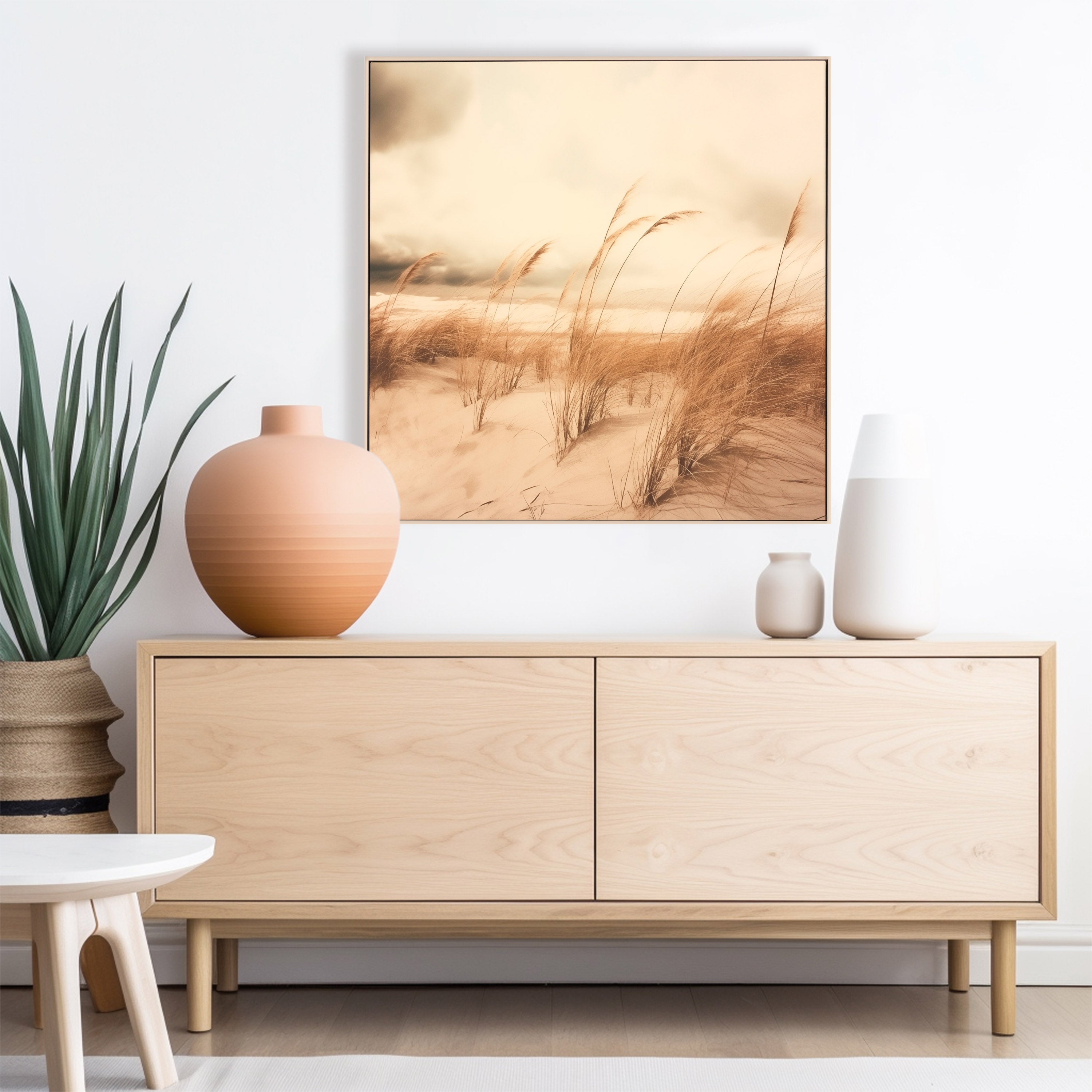 Seagrass Dancing in the Wind Subdued Retro Coastal Photorealistic Digital Artwork In Coastal Dining Room Setting