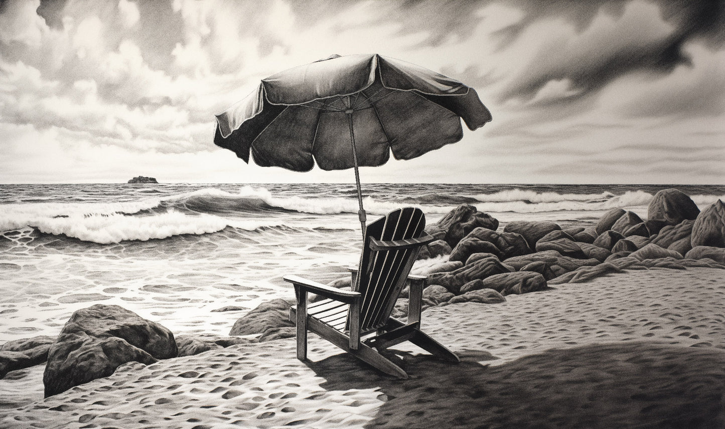 Seaside Solitude Charcoal Drawing - Digital Artwork Loose Art Print