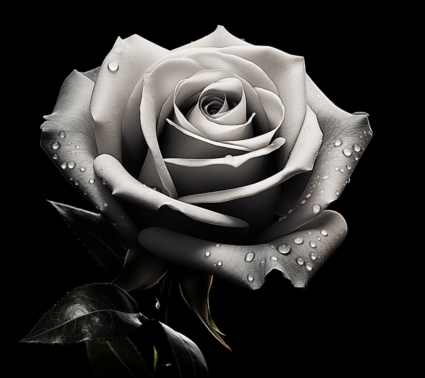 Silver Tears Black and White Rose Photorealism - Digital Artwork Loose Art Print