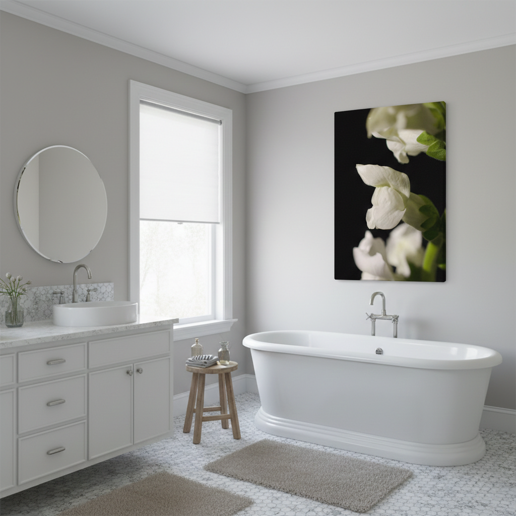 Single Snap Dragon Bloom Against Black Background Nature Photograph Canvas in Transitional Style Bathroom