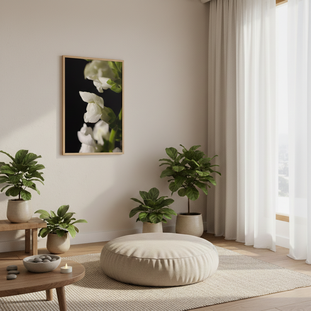 Single Snap Dragon Bloom Against Black Background Nature Photograph Framed in Modern Organic Style Meditation Room