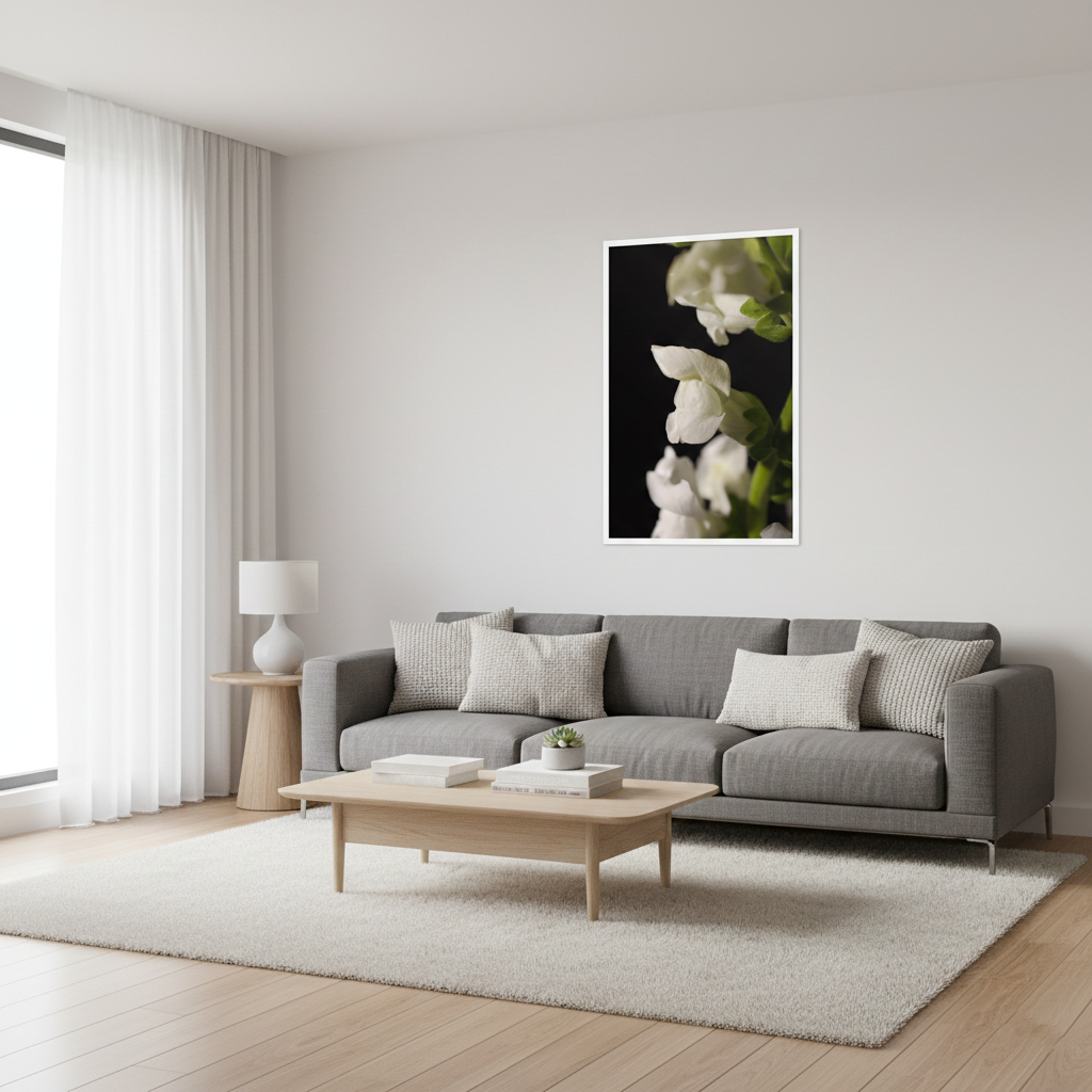 Single Snap Dragon Bloom Against Black Background Nature Photograph Framed in Modern Style Living Room