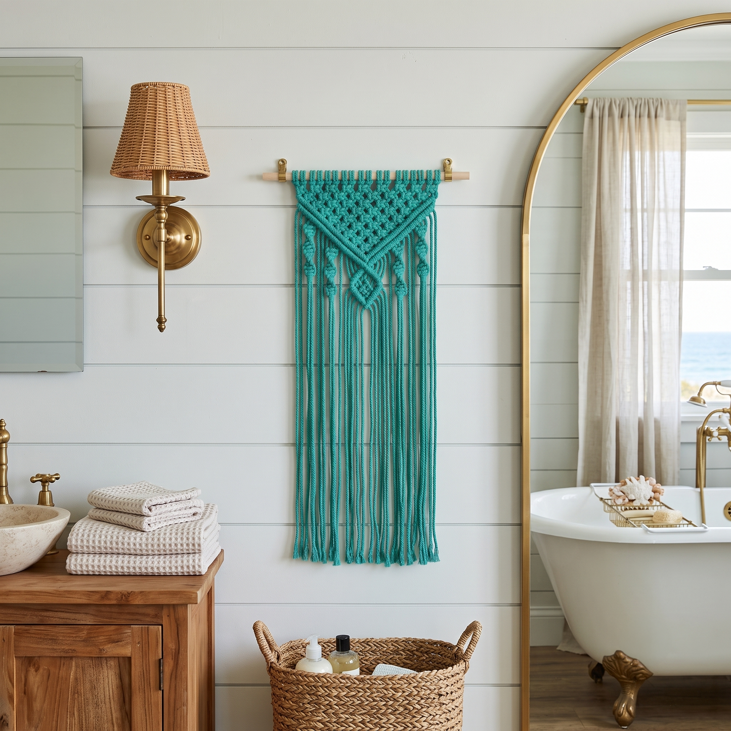 Small Chevron and Diamond Macrame Wall Hanging Lake Green in Coastal Style Master Bath