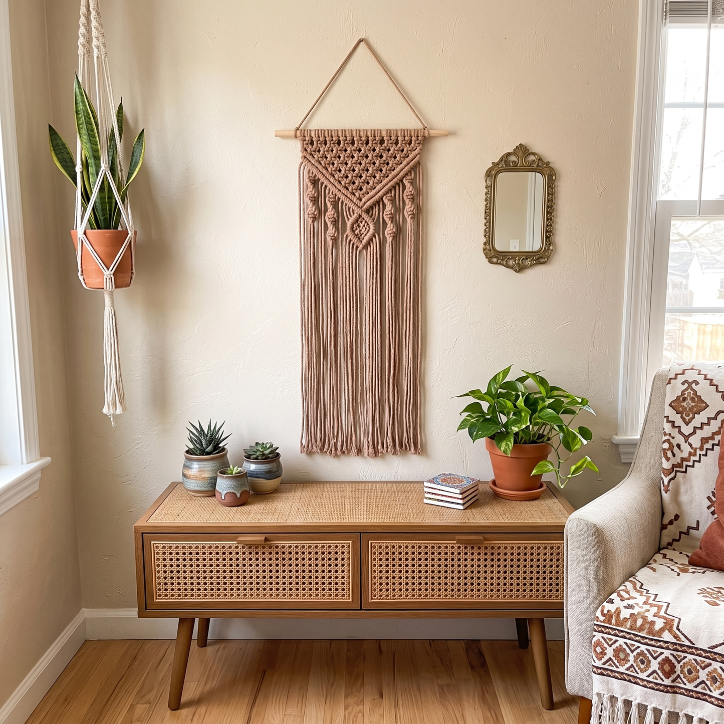 Small Chevron and Diamond Macrame Wall Hanging Latte Brown in Boho Style Living Room
