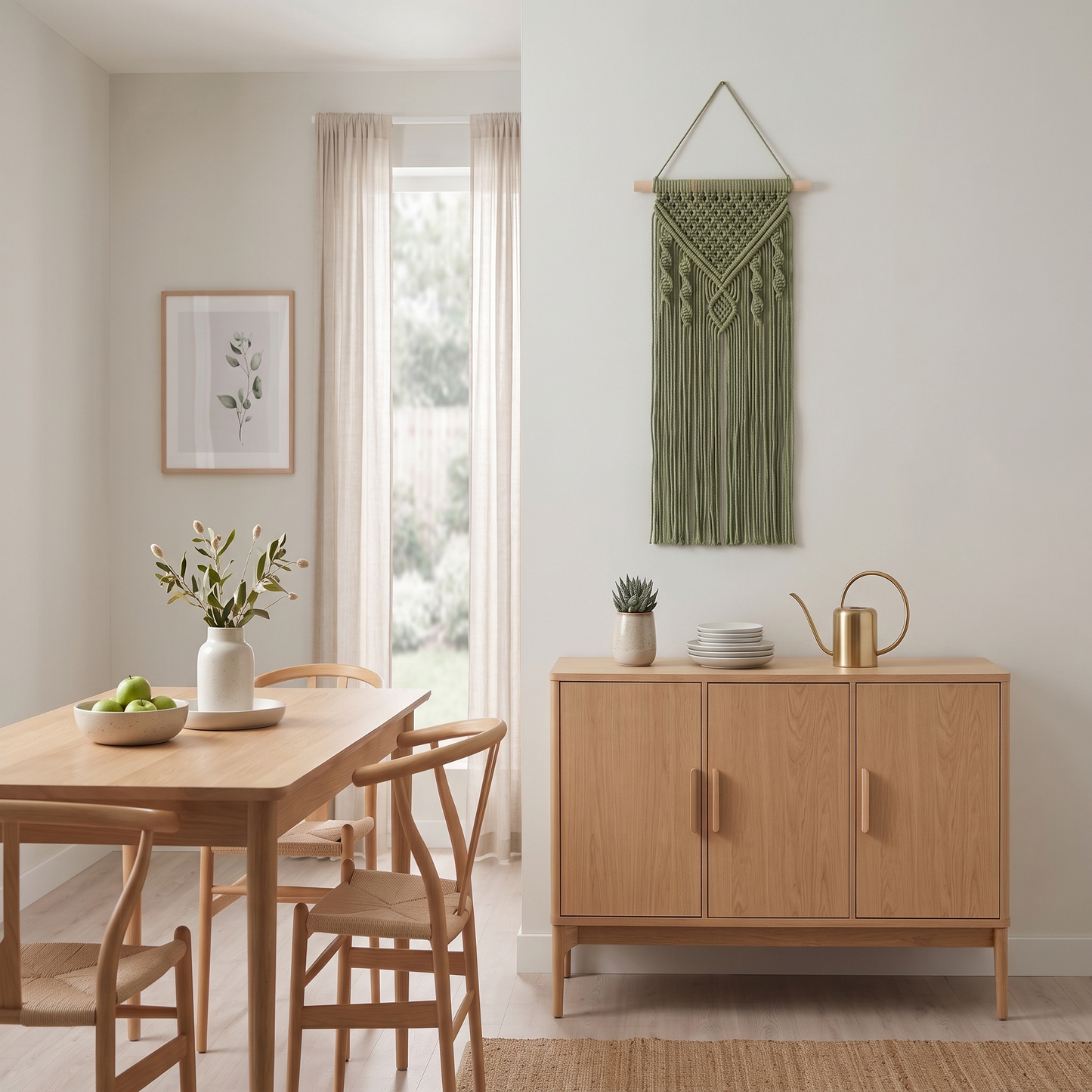 Small Chevron and Diamond Macrame Wall Hanging Moss Green Scandinavian in Style Dining Room