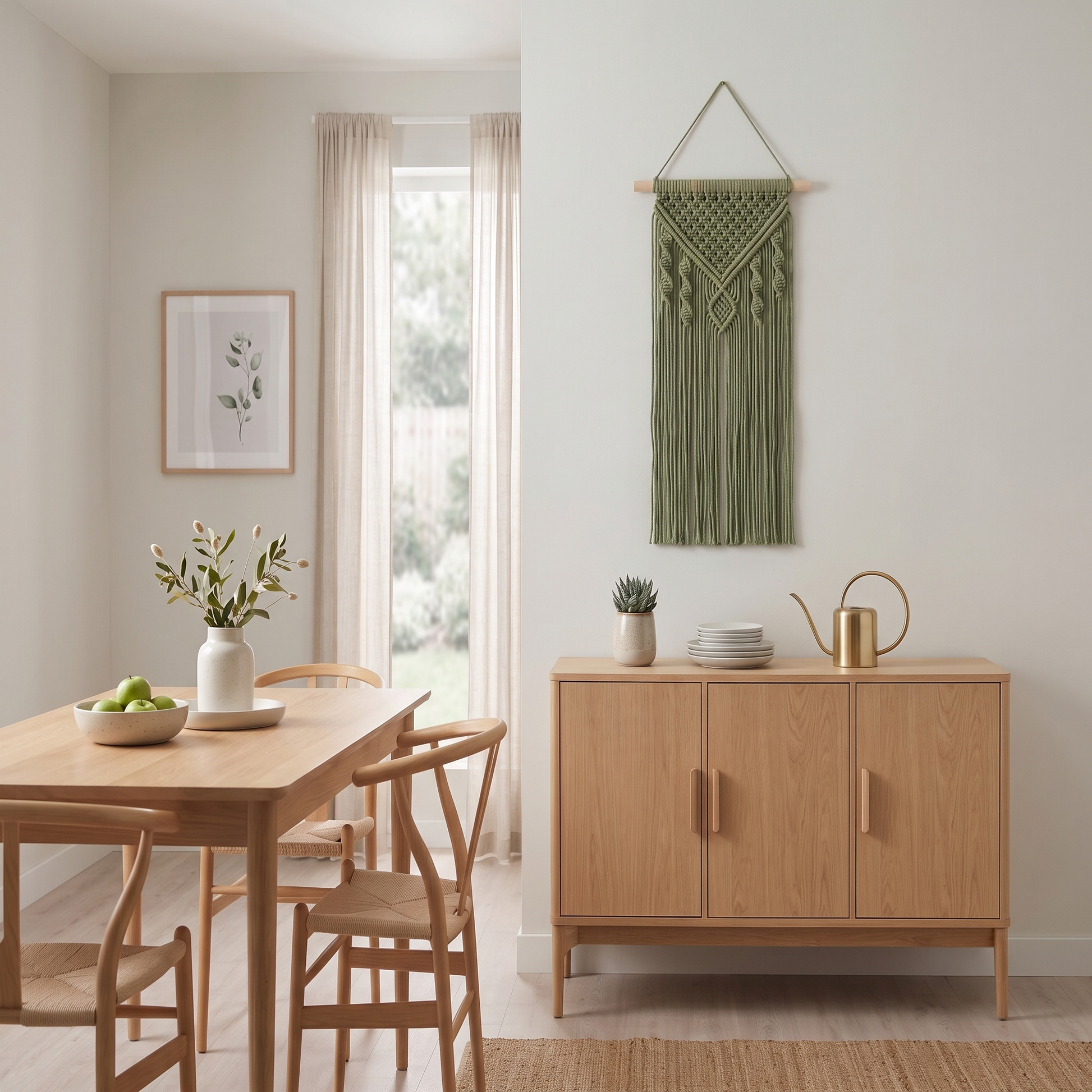 Small Chevron and Diamond Macrame Wall Hanging Moss Green Scandinavian in Style Dining Room