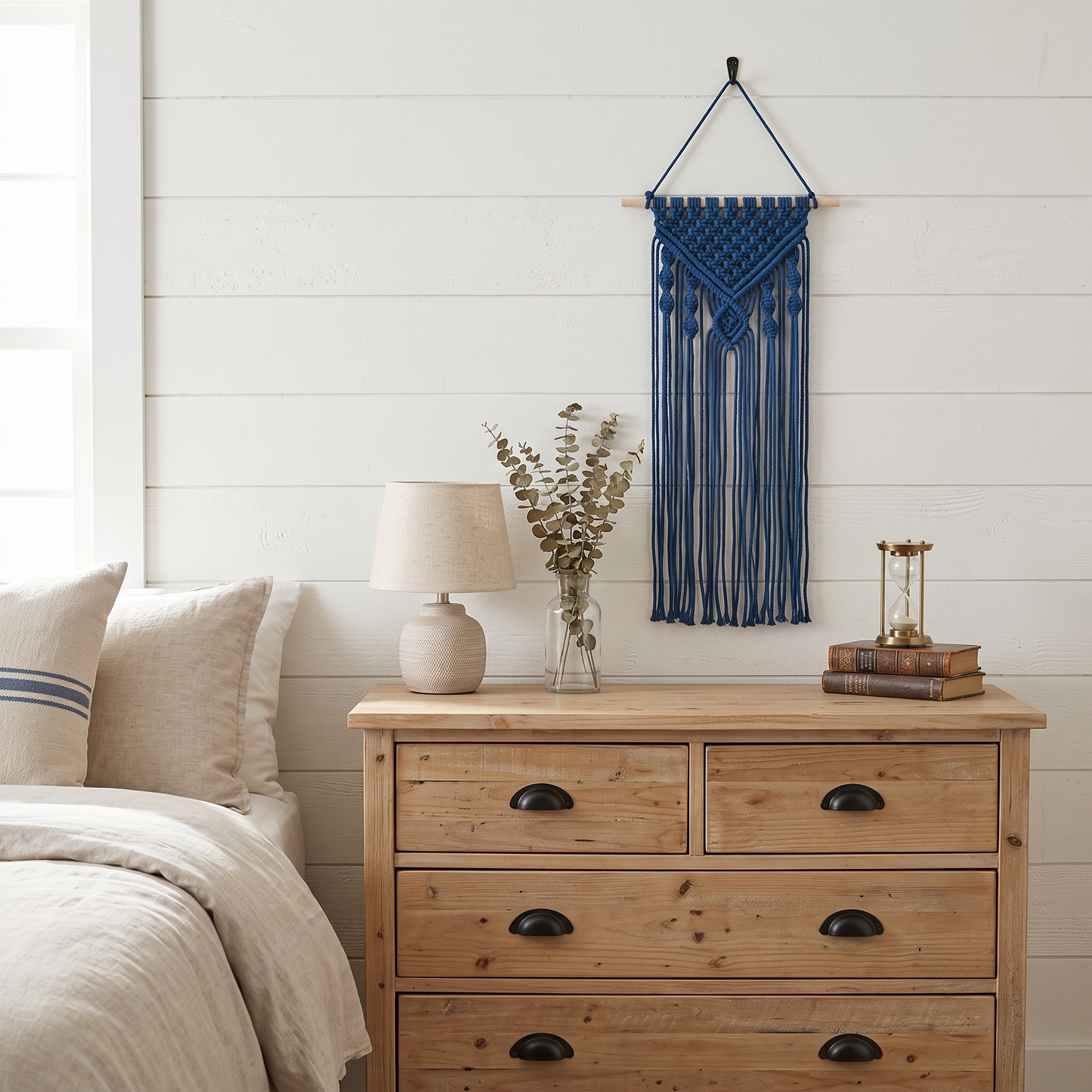 Small Chevron and Diamond Macrame Wall Hanging Sapphire Blue in Modern Farmhouse Style Bedroom
