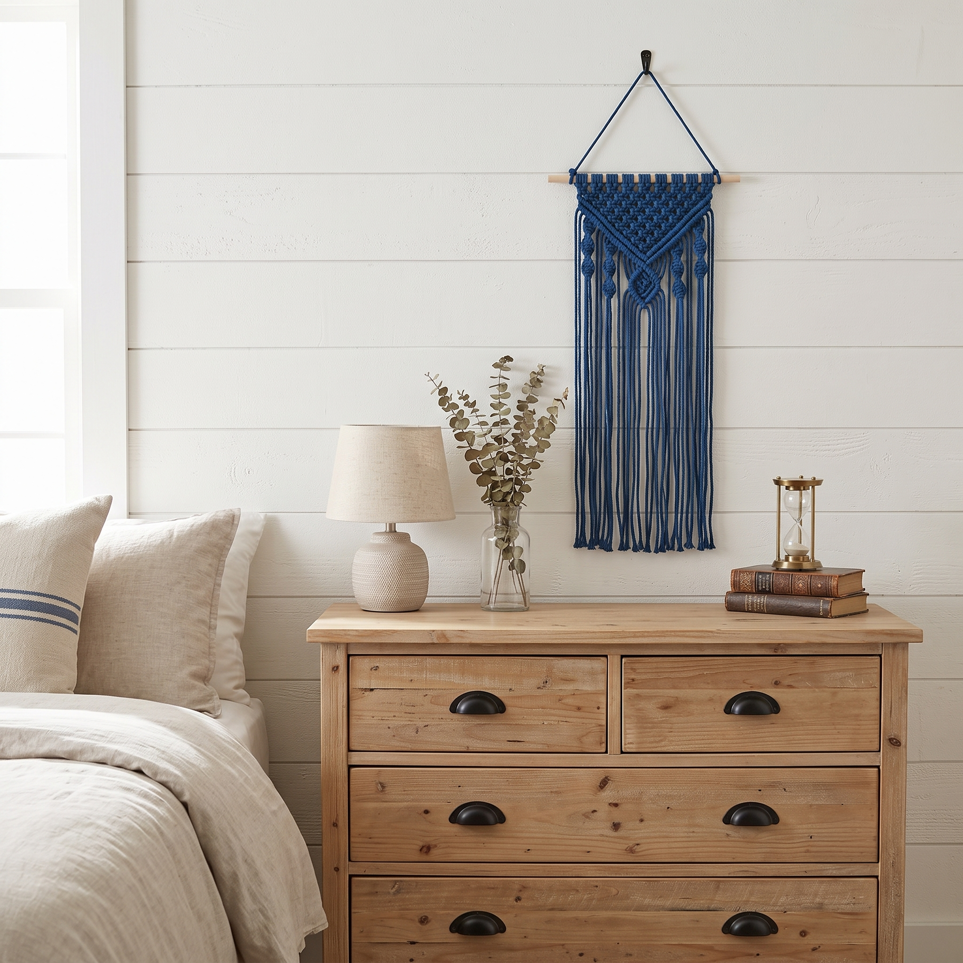 Small Chevron and Diamond Macrame Wall Hanging Sapphire Blue in Modern Farmhouse Style Bedroom