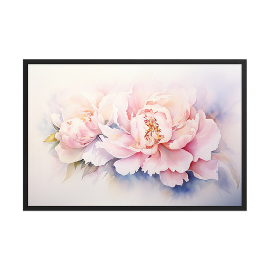 Softness in Bloom Floral Watercolor Painting Digital Artwork Framed Wall Art Print - Black  Wood Frame