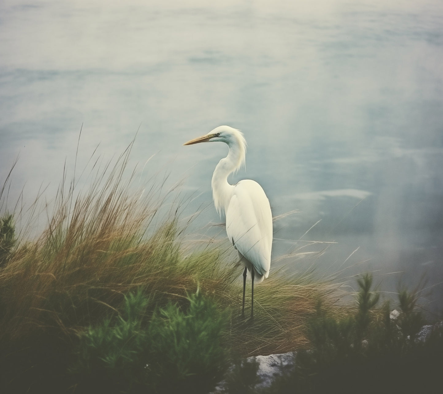 Solitary Sentinel Egret Retro Subdued Photorealism - Digital Artwork Loose Art Print