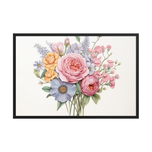 Spring Serenade Colorful Bouquet Color Pencil Floral Drawing Digital Artwork Framed Wall Art Print - Black Wood Frame