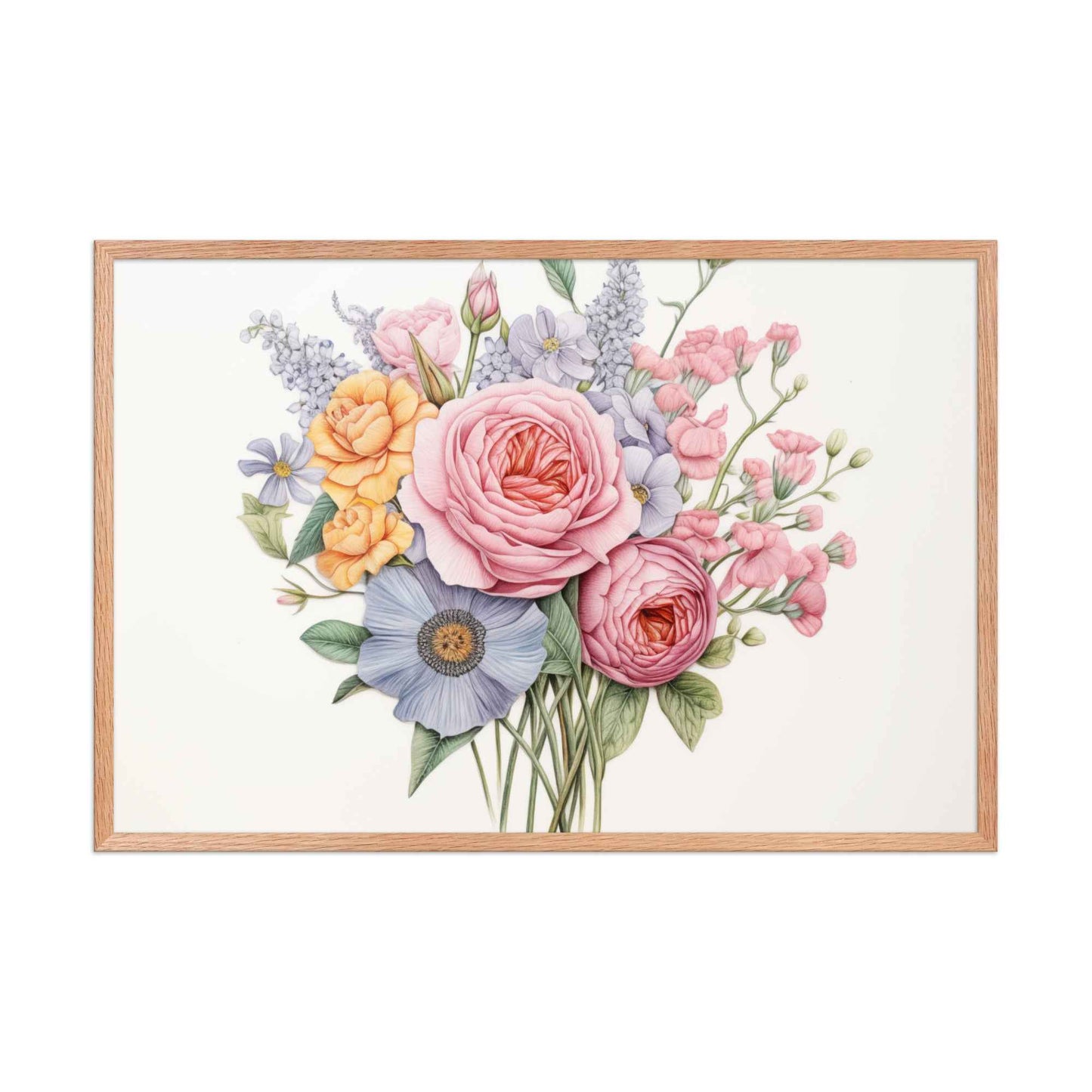 Spring Serenade Colorful Bouquet Color Pencil Drawing - Digital Artwork Framed Wall Art Print