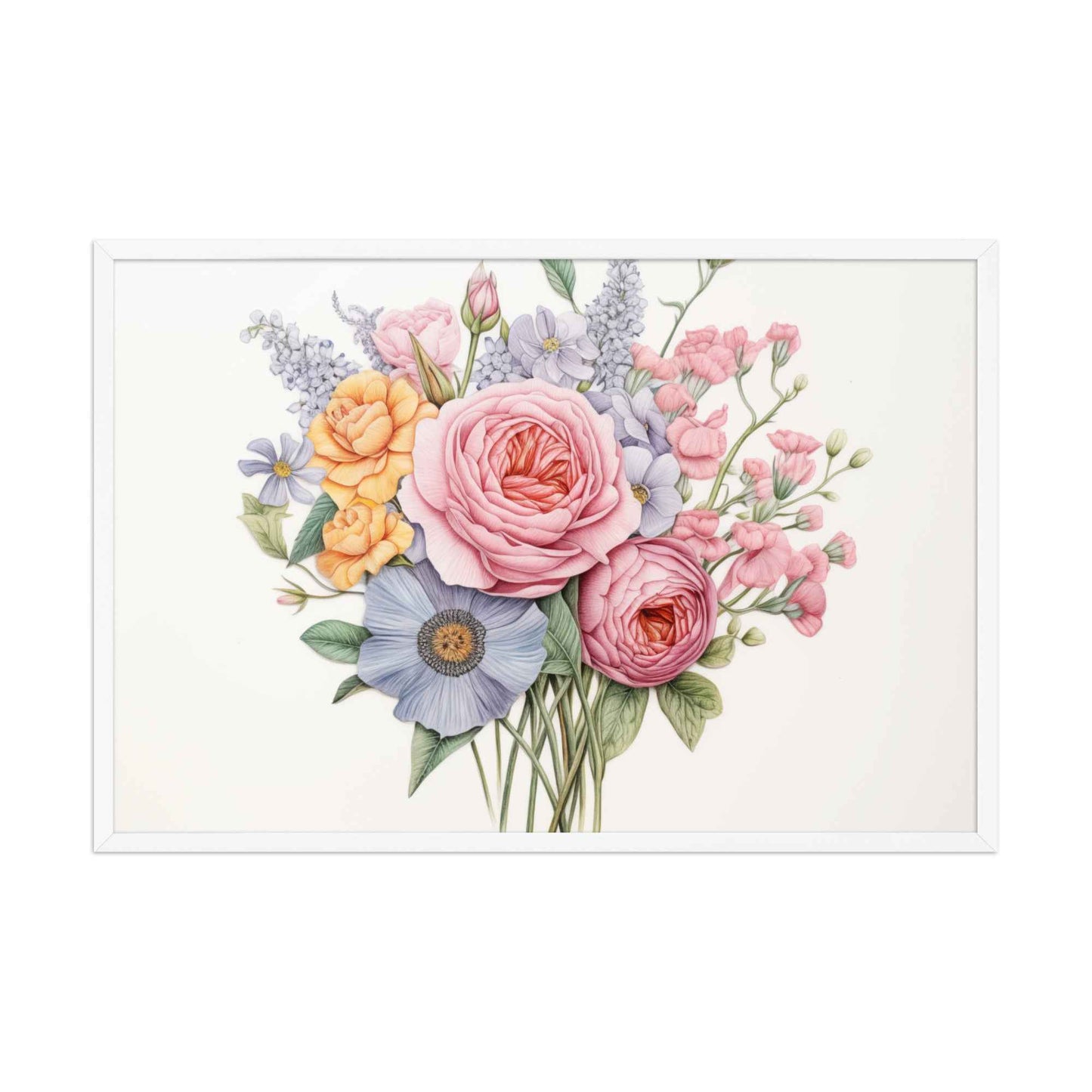 Spring Serenade Colorful Bouquet Color Pencil Drawing - Digital Artwork Framed Wall Art Print