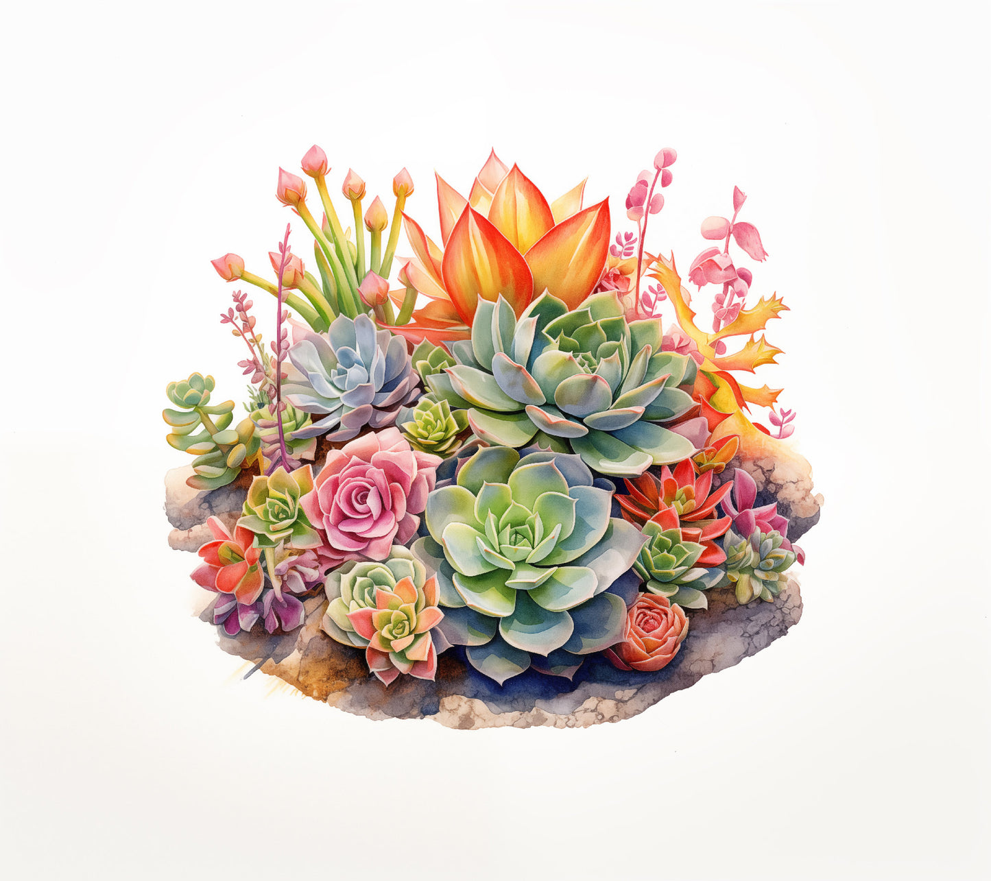 Succulent Sanctuary Watercolor Painting - Digital Artwork Loose Art Print