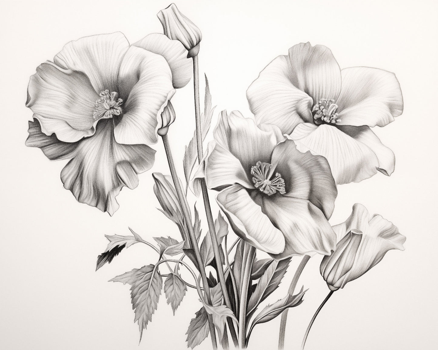 Summer Poppies Charcoal Pencil Sketch - Digital Artwork Loose Art Print