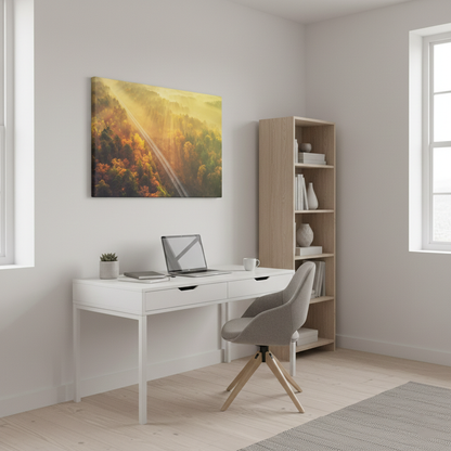 Sunrise Railroad Though Misty Forest Landscape Photograph Canvas in Scandinavian Style Home Office