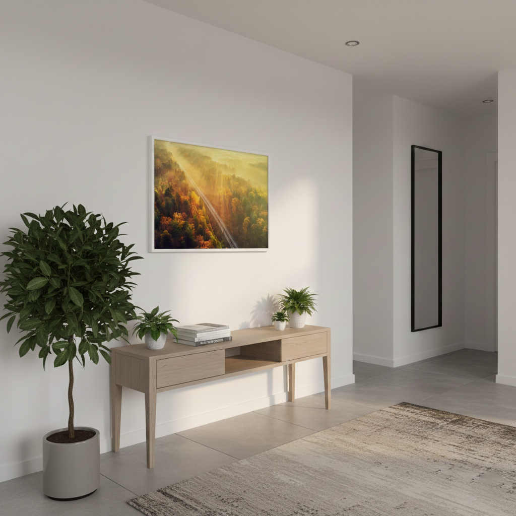Sunrise Railroad Though Misty Forest Landscape Photograph Framed in Contemporary Style Hallway