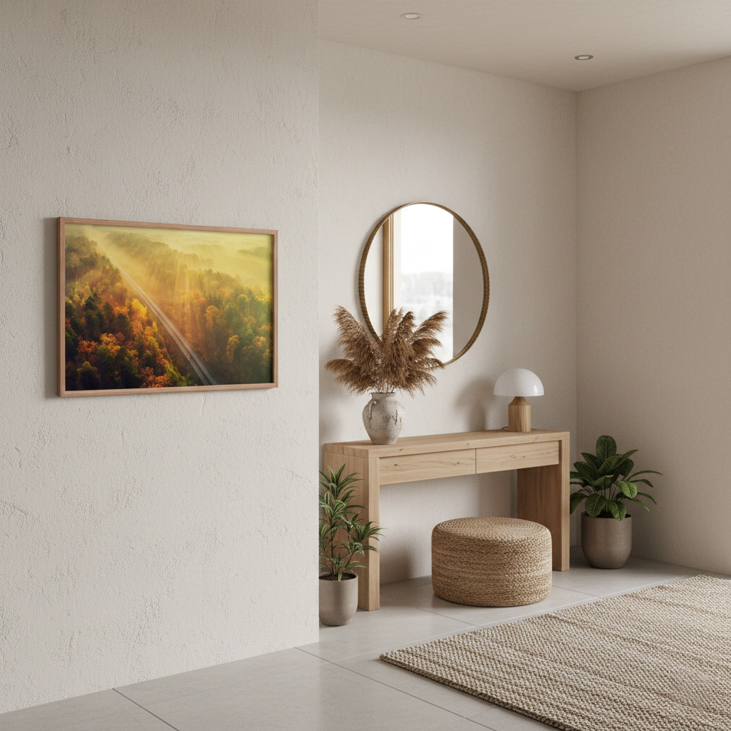 Sunrise Railroad Though Misty Forest Landscape Photograph Framed in Organic Modern Style Entryway