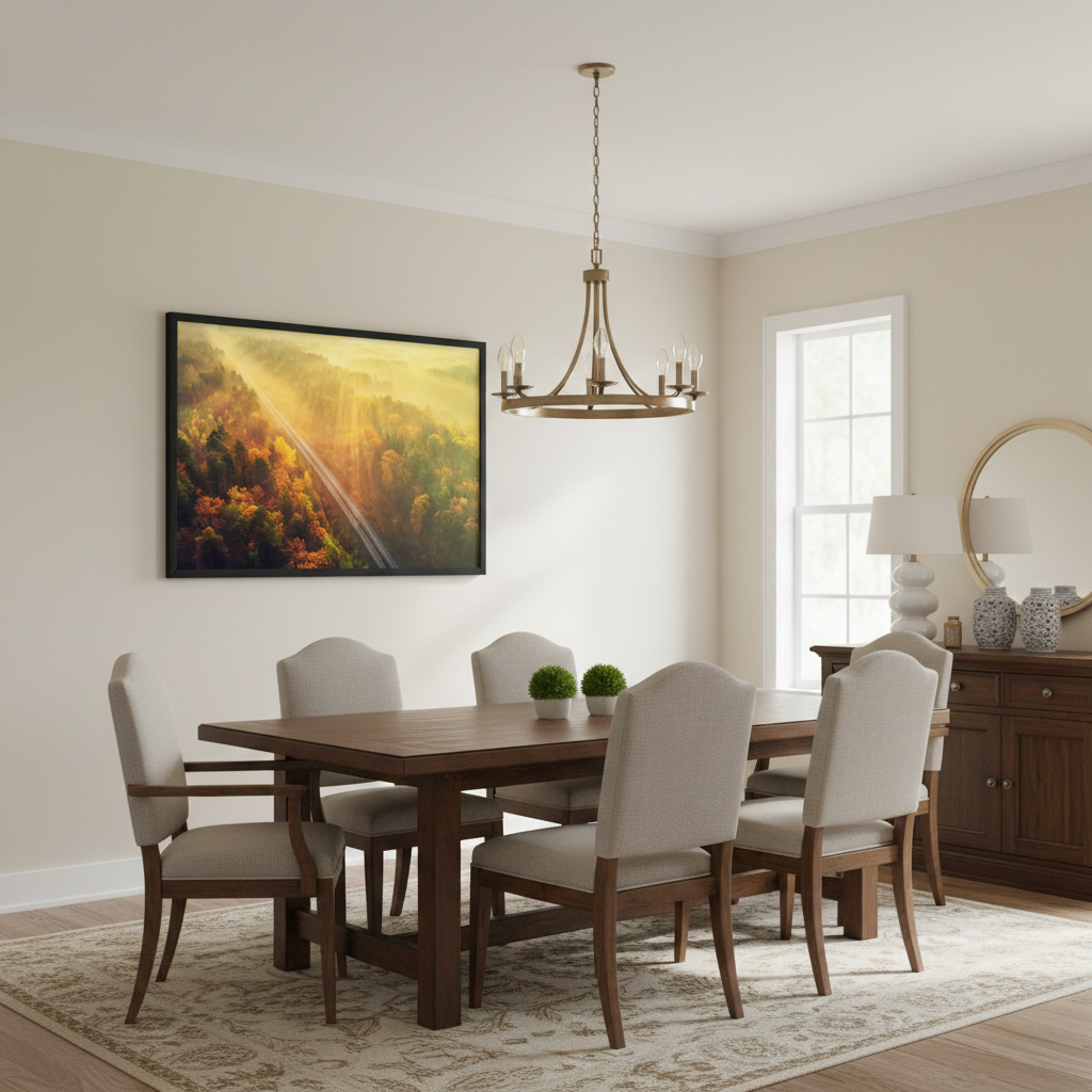 Sunrise Railroad Though Misty Forest Landscape Photograph Framed in Transitional Style Dining Room