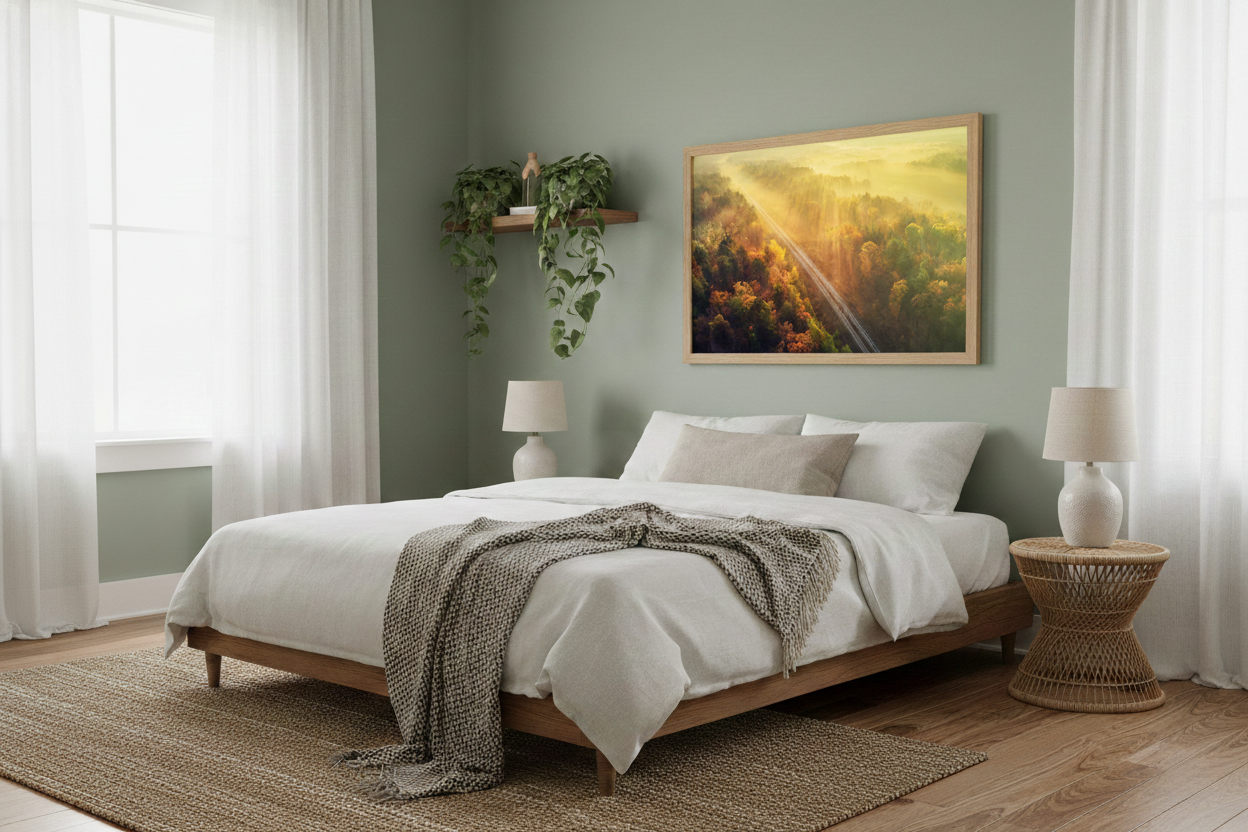 Sunrise Railroad Though Misty Forest Landscape Photograph Loose in Biophilic Style Bedroom