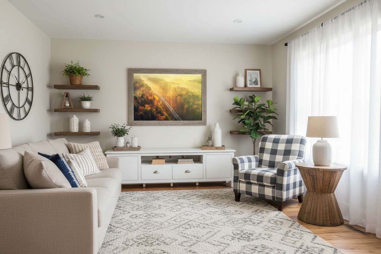 Sunrise Railroad Though Misty Forest Landscape Photograph Loose in Modern Farmhouse Style Living Room