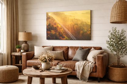 Sunrise Railroad Though Misty Forest With Golden Haze Effect Landscape Photo Canvas Wall Art Prints