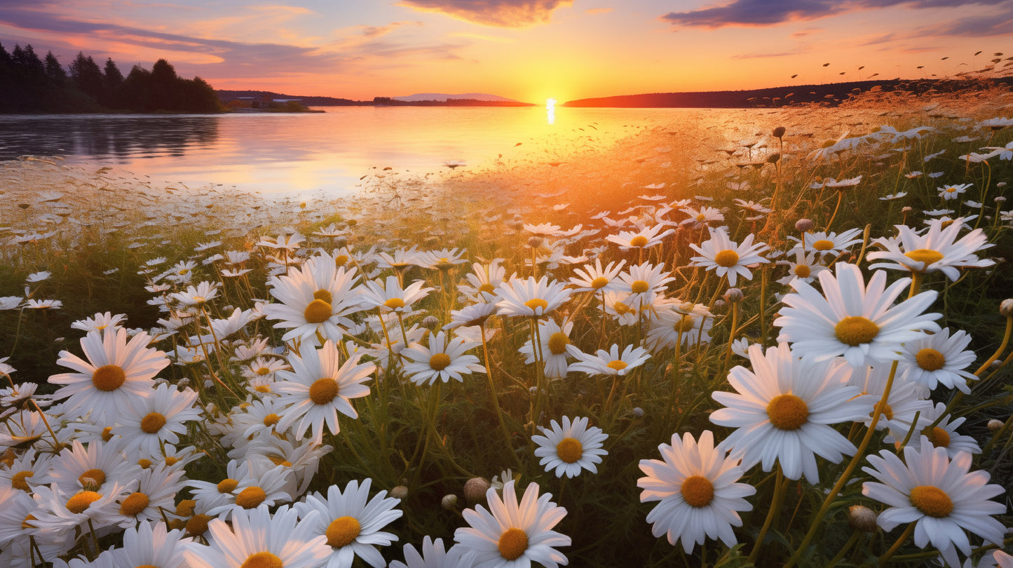 Sunset Serenade Daisy Field Photorealism - Digital Artwork Loose Art Print