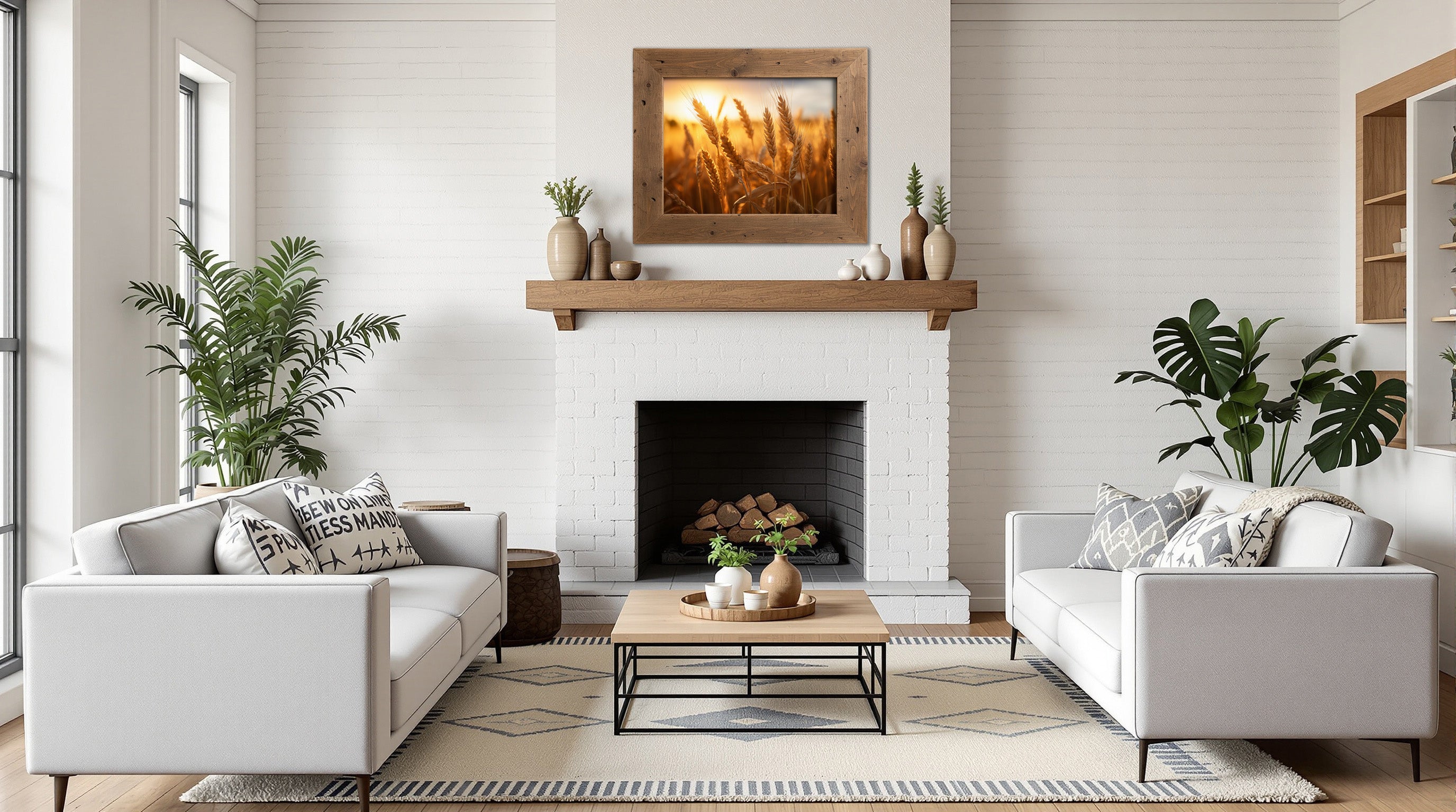 Sunset Serenade Minimal Botanical  Rustic Subdued Wheat Crops Photorealistic Digital Artwork in Modern Rustic Style Living Room