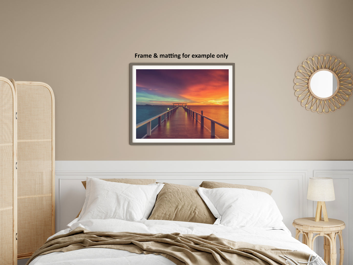 Soothing Wall Art For Bedroom: Surreal Wooden Pier At Sunset with Intrigued Effect Landscape Photo Loose Wall Art Prints