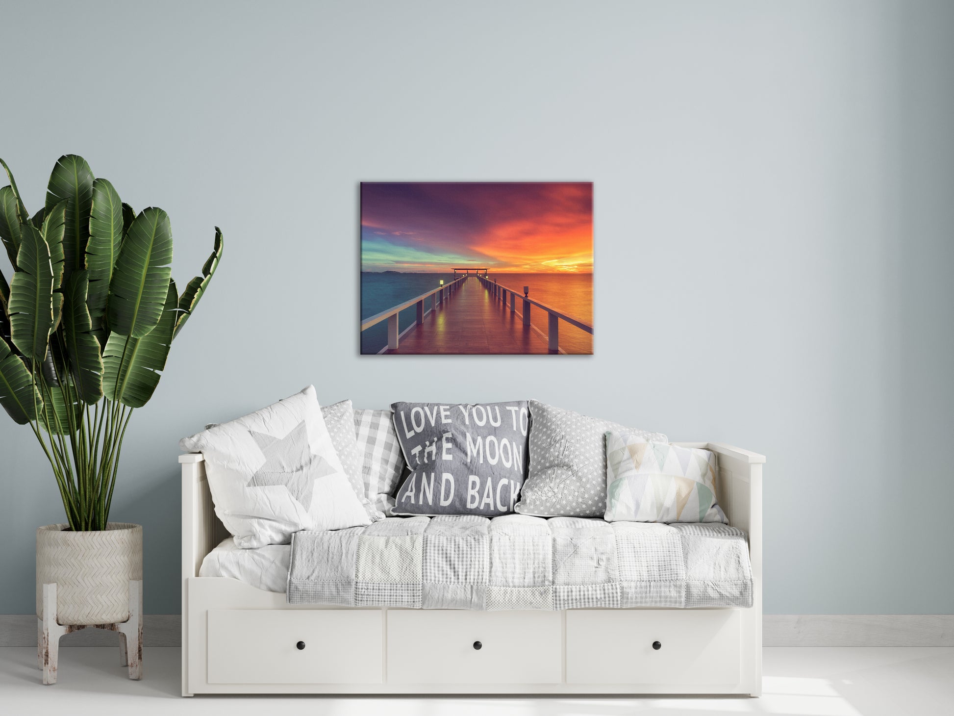 Wall Decor For Spare Bedroom: Surreal Wooden Pier At Sunset with Intrigued Effect Landscape Photo Canvas Wall Art Prints
