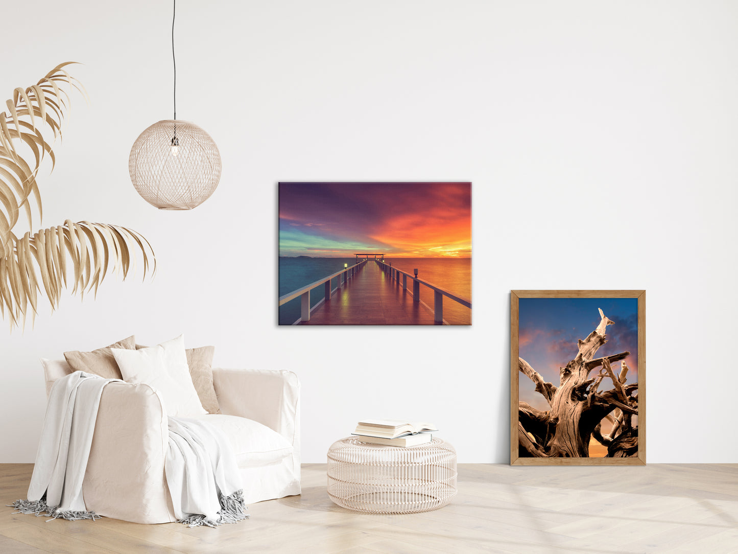 Horizontal Wall Decor For Living Room: Surreal Wooden Pier At Sunset with Intrigued Effect Landscape Photo Canvas Wall Art Prints