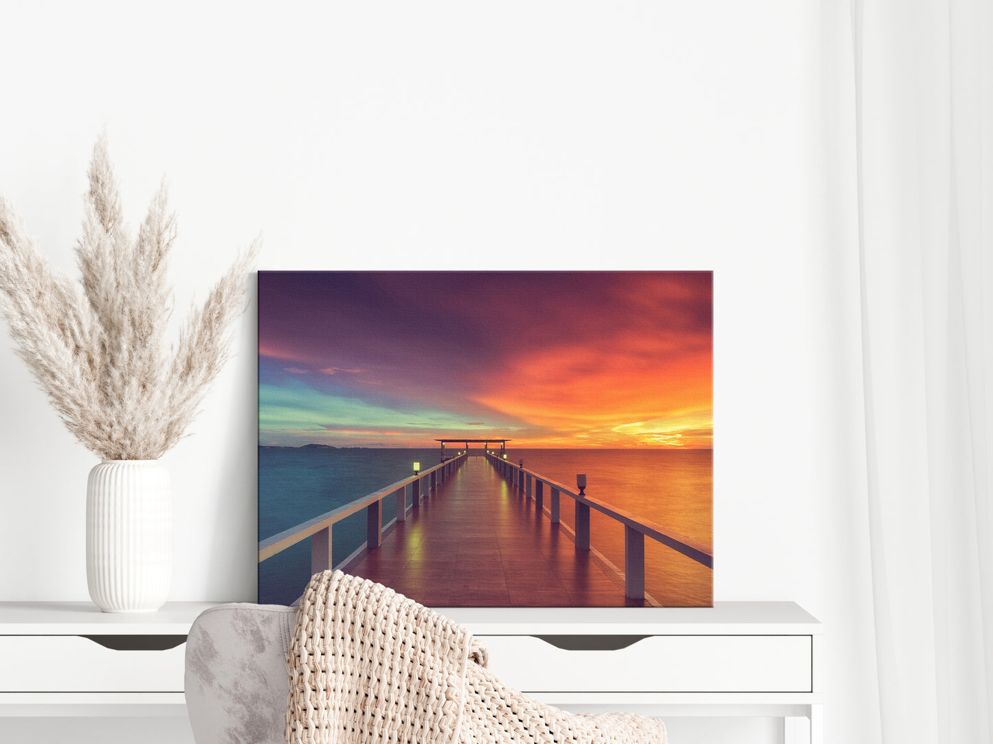 Office Wall Decor Modern: Surreal Wooden Pier At Sunset with Intrigued Effect Landscape Photo Canvas Wall Art Prints