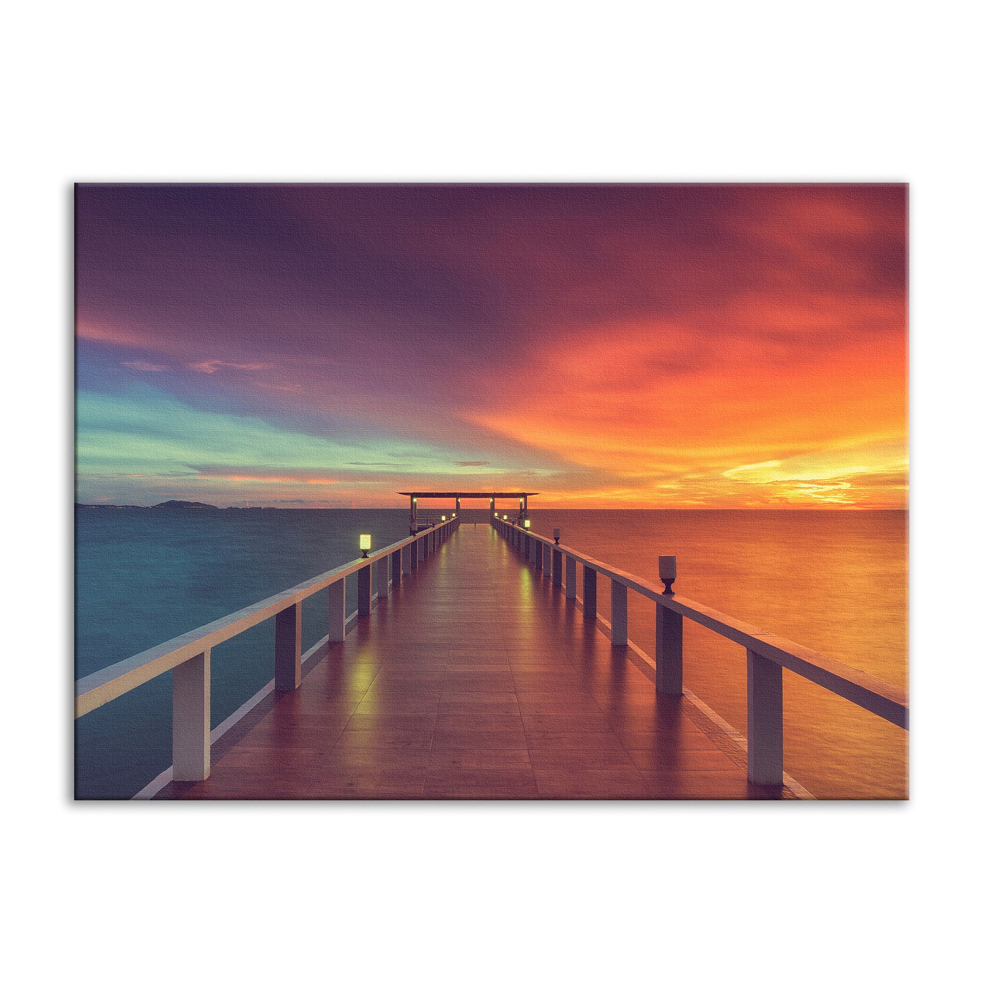 Beach Scene Art Prints: Surreal Wooden Pier At Sunset with Intrigued Effect Landscape Photo Canvas Wall Art Prints