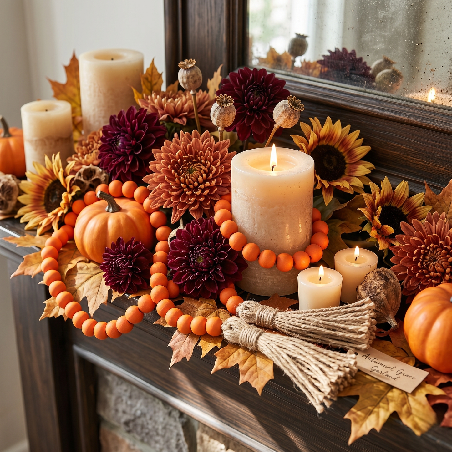 Tangerine Orange Wood Bead Garland (1) Fall / Autumn Home Decor Accent