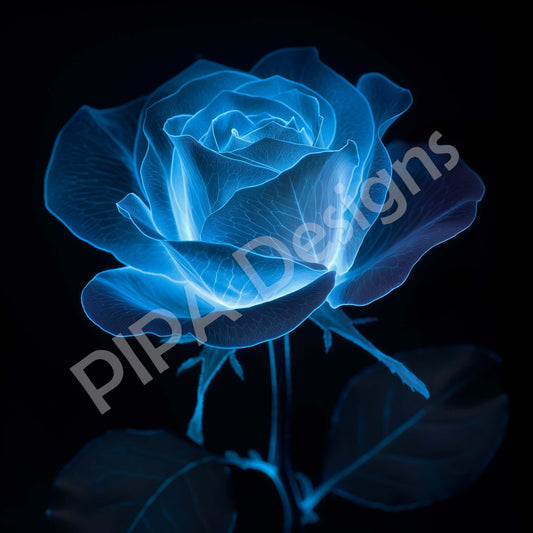 The Blue Rose Bioluminescent Flower on Black Background Downloadable / Printable Digital Artwork