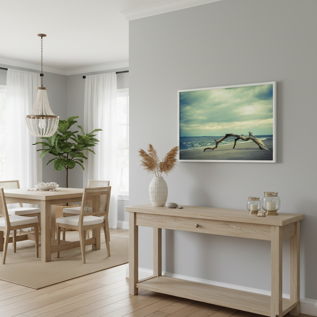 The Cove Driftwood Beach Artwork Framed in Coastal Style Dining Room