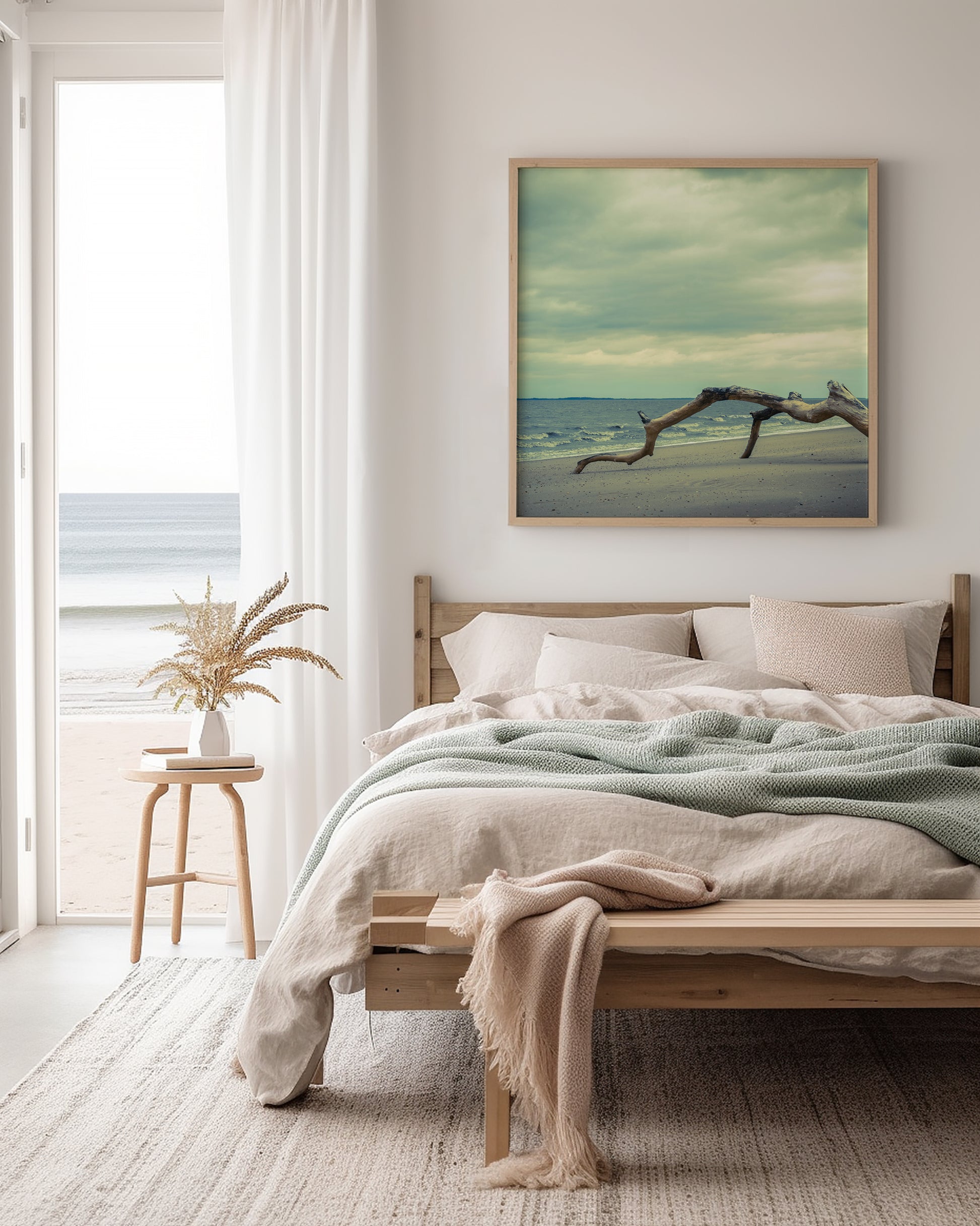 The Cove Rustic Driftwood Coastal Beach Landscape Photograph Downloadable Printable Wall Art in Coastal Bedroom Setting